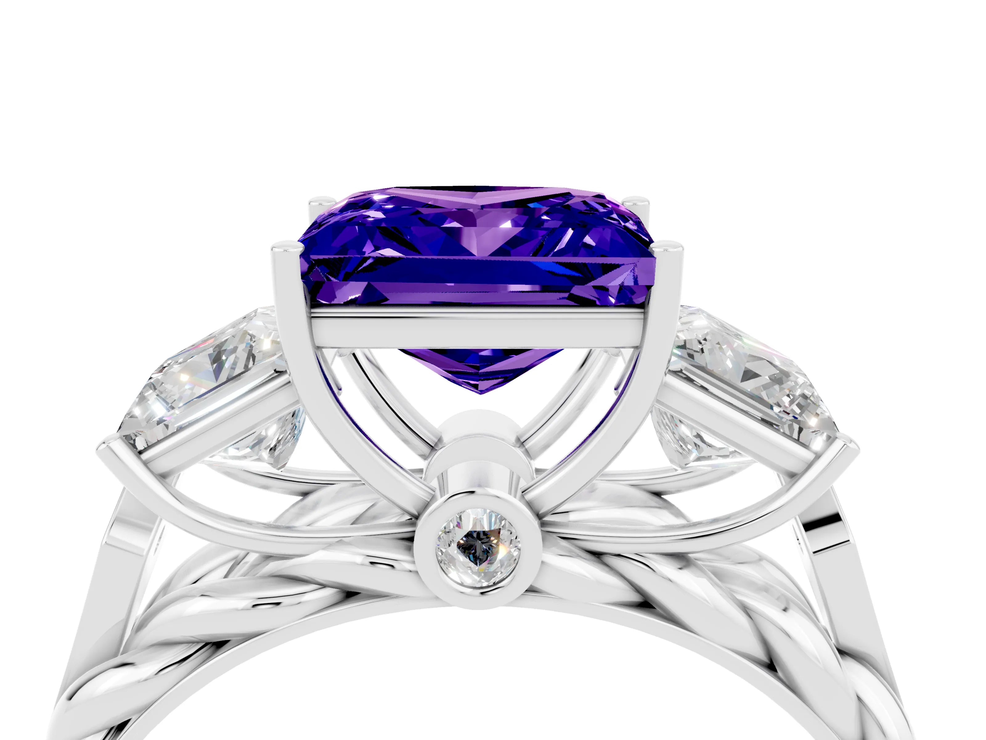 White gold Three-Stone Princess Cut Tanzanite Braided Band Ring with Four-Prong Setting_16