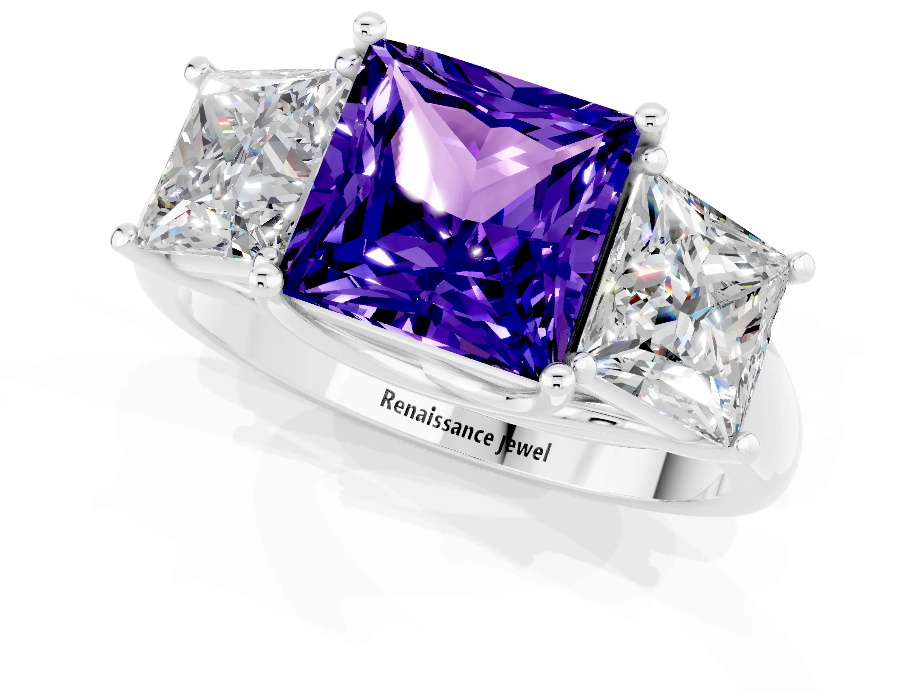 White gold Three-Stone Princess Cut Tanzanite Engagement Ring with Prong Setting_1