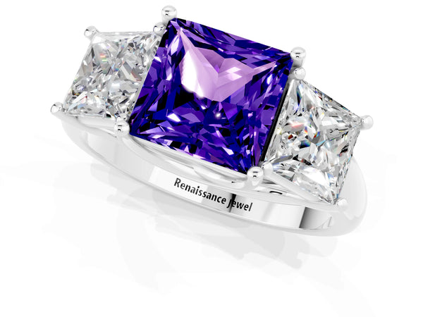 Silver Three-Stone Princess Cut Tanzanite Engagement Ring with Prong Setting