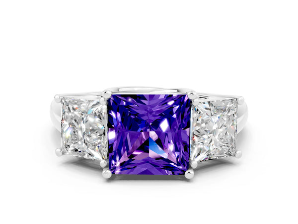 White gold Three-Stone Princess Cut Tanzanite Engagement Ring with Prong Setting