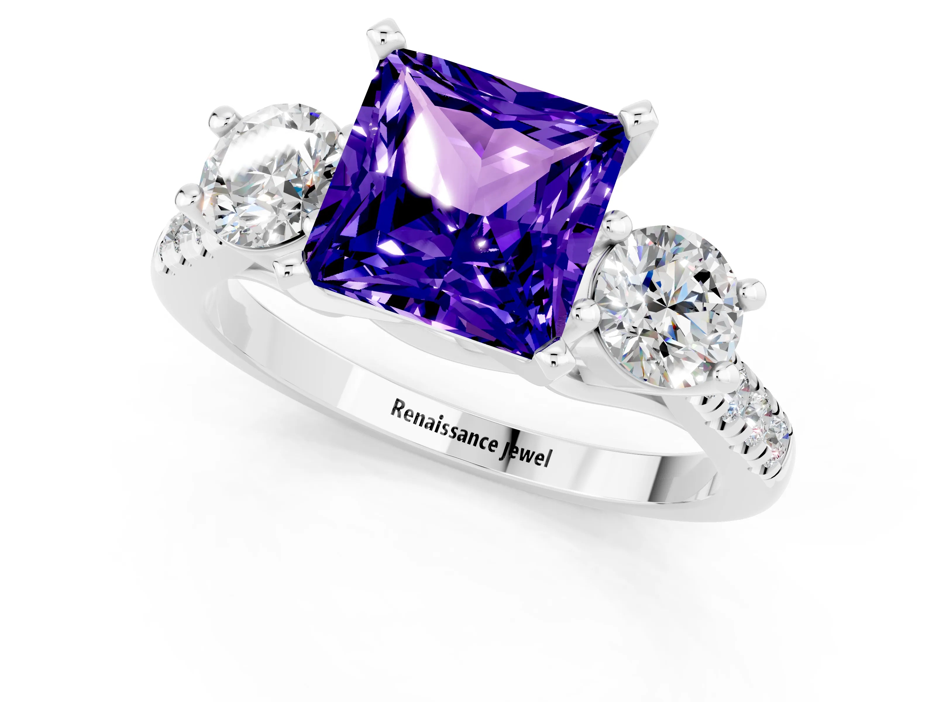 White gold Three-Stone Princess Cut Tanzanite Pavé Band with Four-Prong Setting_1