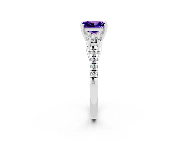 Platinum Three-Stone Princess Cut Tanzanite Pavé Band with Four-Prong Setting