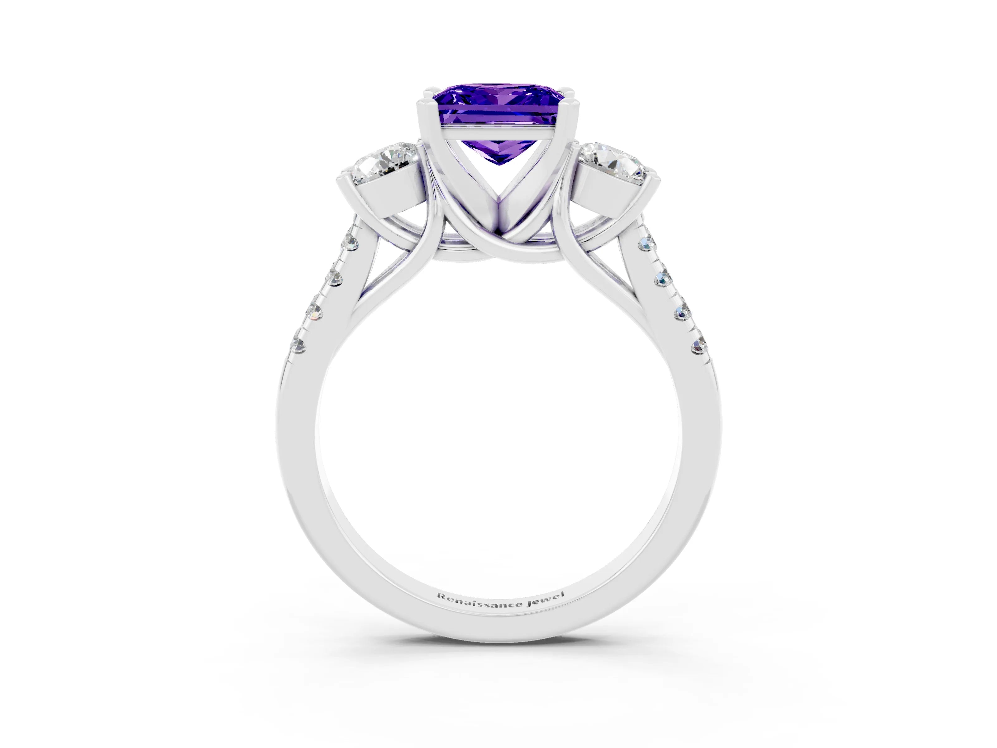 White gold Three-Stone Princess Cut Tanzanite Pavé Band with Four-Prong Setting_3