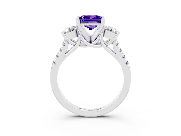 Silver Three-Stone Princess Cut Tanzanite Pavé Band with Four-Prong Setting