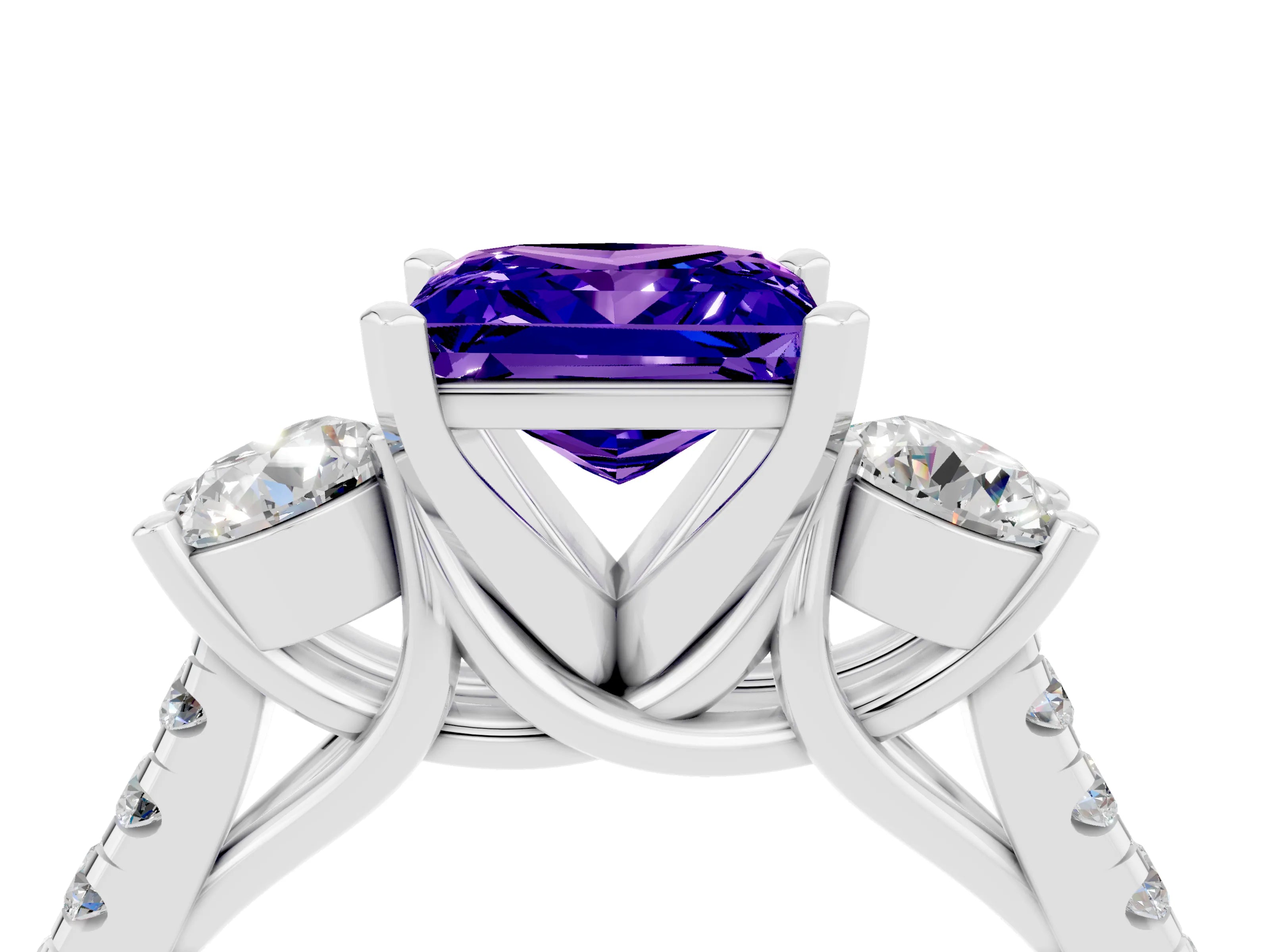 White gold Three-Stone Princess Cut Tanzanite Pavé Band with Four-Prong Setting_4