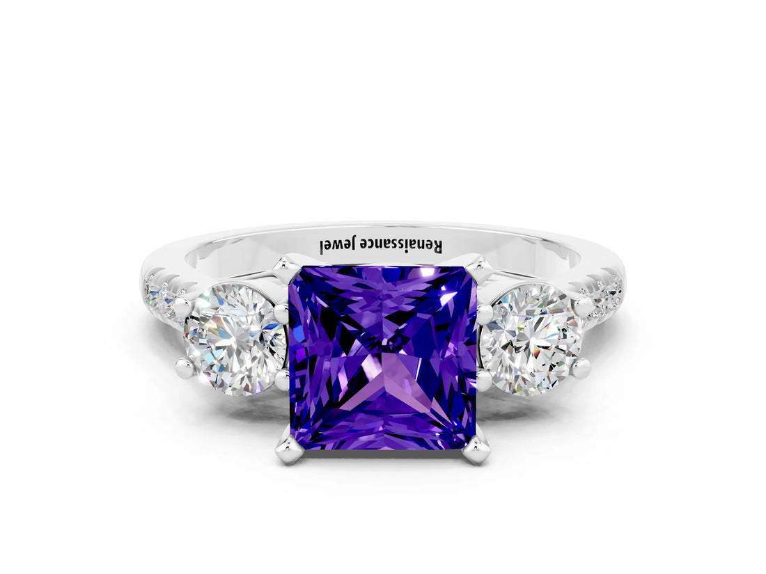 White gold Three-Stone Princess Cut Tanzanite Pavé Band with Four-Prong Setting