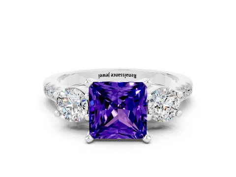 White gold Three-Stone Princess Cut Tanzanite Pavé Band with Four-Prong Setting
