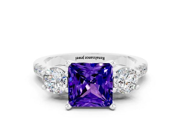 Silver Three-Stone Princess Cut Tanzanite Pavé Band with Four-Prong Setting