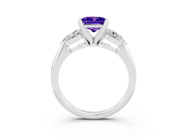 White gold Three-Stone Princess Cut Tanzanite Ring with Pear Side Stones and Four-Prong Setting