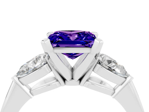 White gold Three-Stone Princess Cut Tanzanite Ring with Pear Side Stones and Four-Prong Setting_4