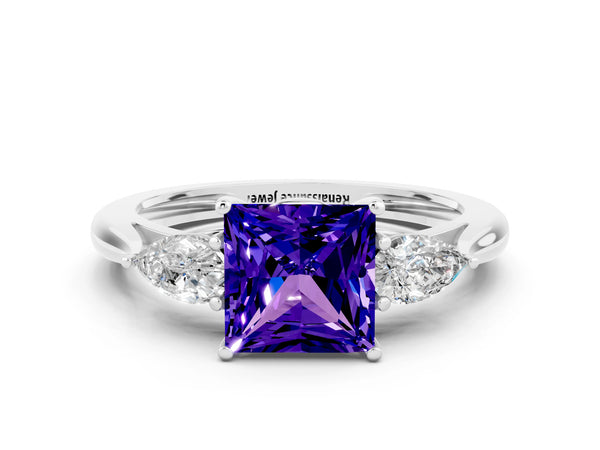 Silver Three-Stone Princess Cut Tanzanite Ring with Pear  Side Stones in Four-Prong Setting