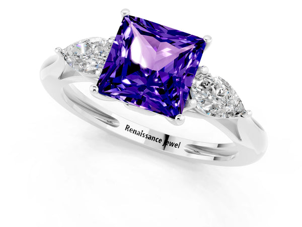 Silver Three-Stone Princess Cut Tanzanite Ring with Pear  Side Stones in Four-Prong Setting