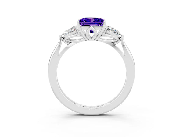 Silver Three-Stone Princess Cut Tanzanite Ring with Pear  Side Stones in Four-Prong Setting