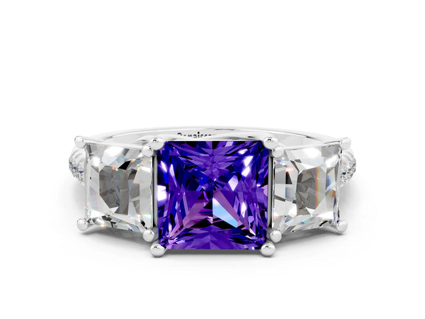 Platinum Three-Stone Princess Cut Tanzanite Ring with Round  Pavé Band and Prong Setting
