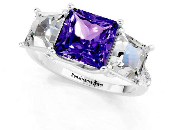 Silver Three-Stone Princess Cut Tanzanite Ring with Round  Pavé Band and Prong Setting