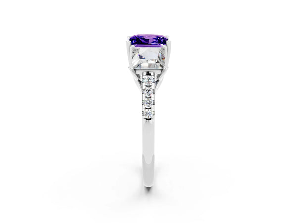 Platinum Three-Stone Princess Cut Tanzanite Ring with Round  Pavé Band and Prong Setting