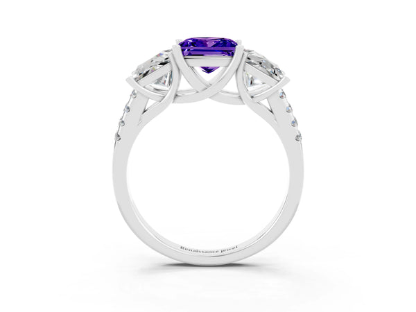Platinum Three-Stone Princess Cut Tanzanite Ring with Round  Pavé Band and Prong Setting