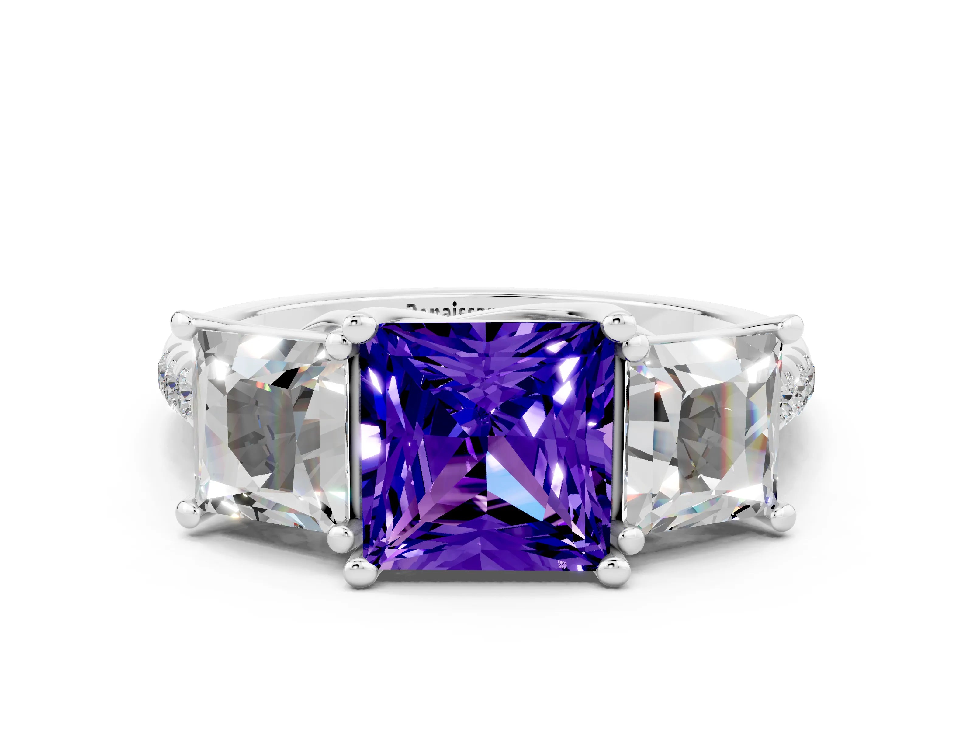 White gold Three-Stone Princess Cut Tanzanite Ring with Round  Pavé Band and Prong Setting_24