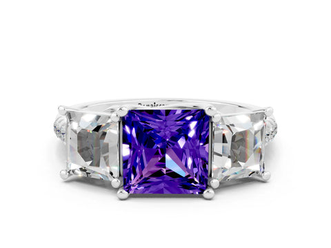 White gold Three-Stone Princess Cut Tanzanite Ring with Round  Pavé Band and Prong Setting_24