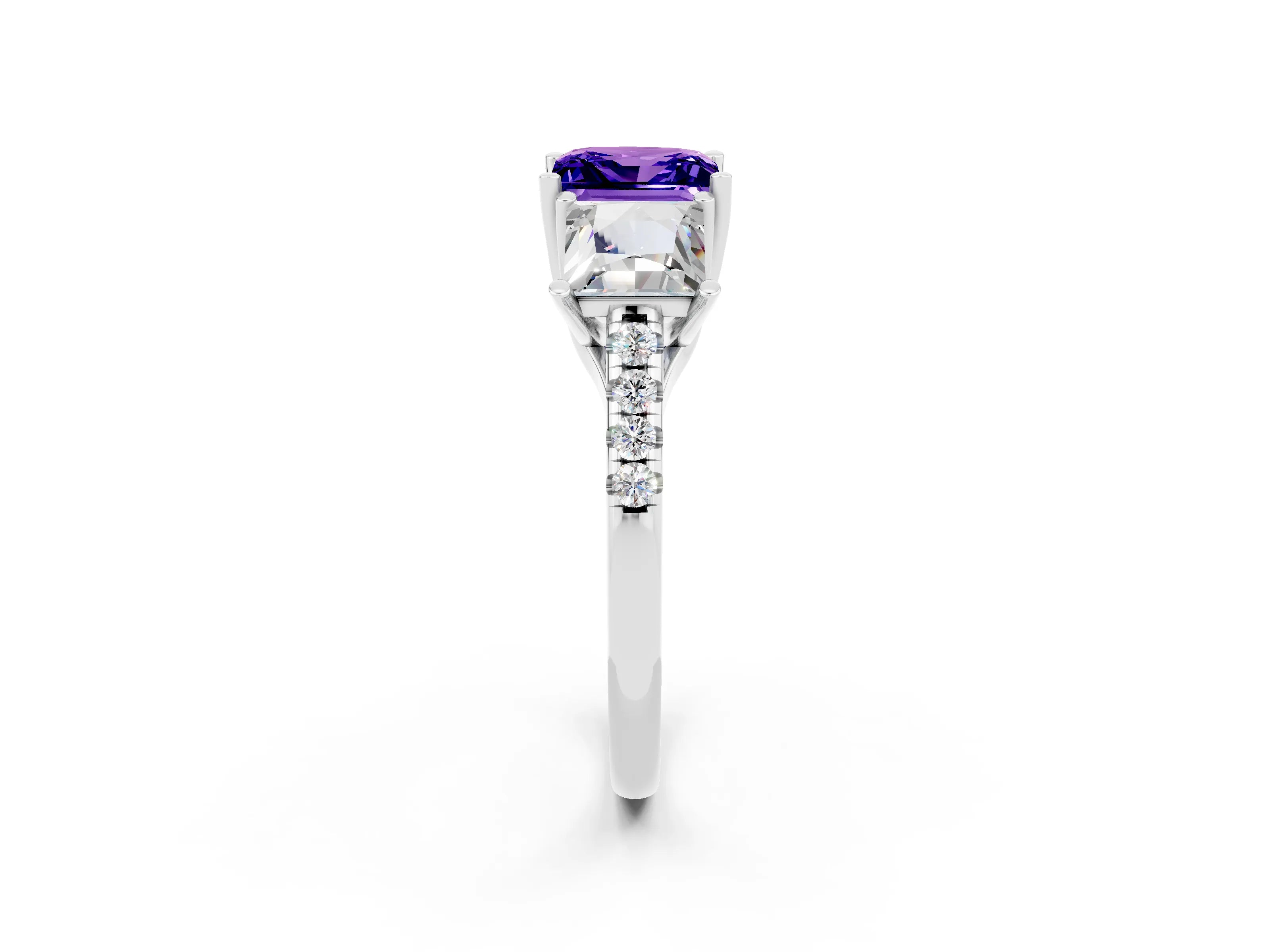 White gold Three-Stone Princess Cut Tanzanite Ring with Round  Pavé Band and Prong Setting_26