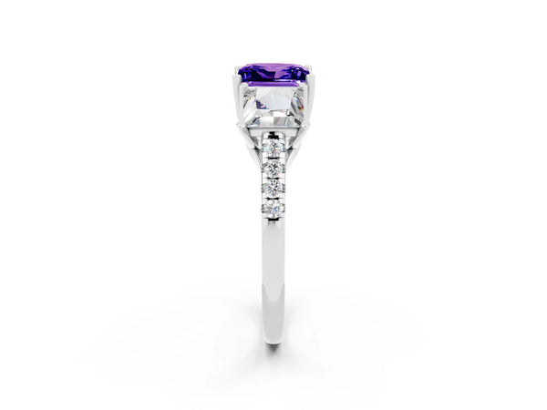 White gold Three-Stone Princess Cut Tanzanite Ring with Round  Pavé Band and Prong Setting
