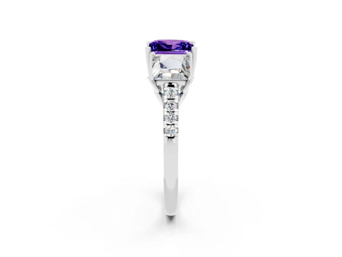 White gold Three-Stone Princess Cut Tanzanite Ring with Round  Pavé Band and Prong Setting_26