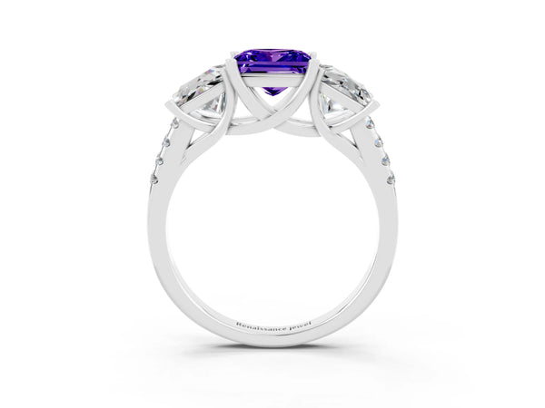 Platinum Three-Stone Princess Cut Tanzanite Ring with Round  Pavé Band and Prong Setting