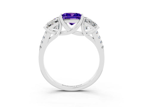 White gold Three-Stone Princess Cut Tanzanite Ring with Round  Pavé Band and Prong Setting_27