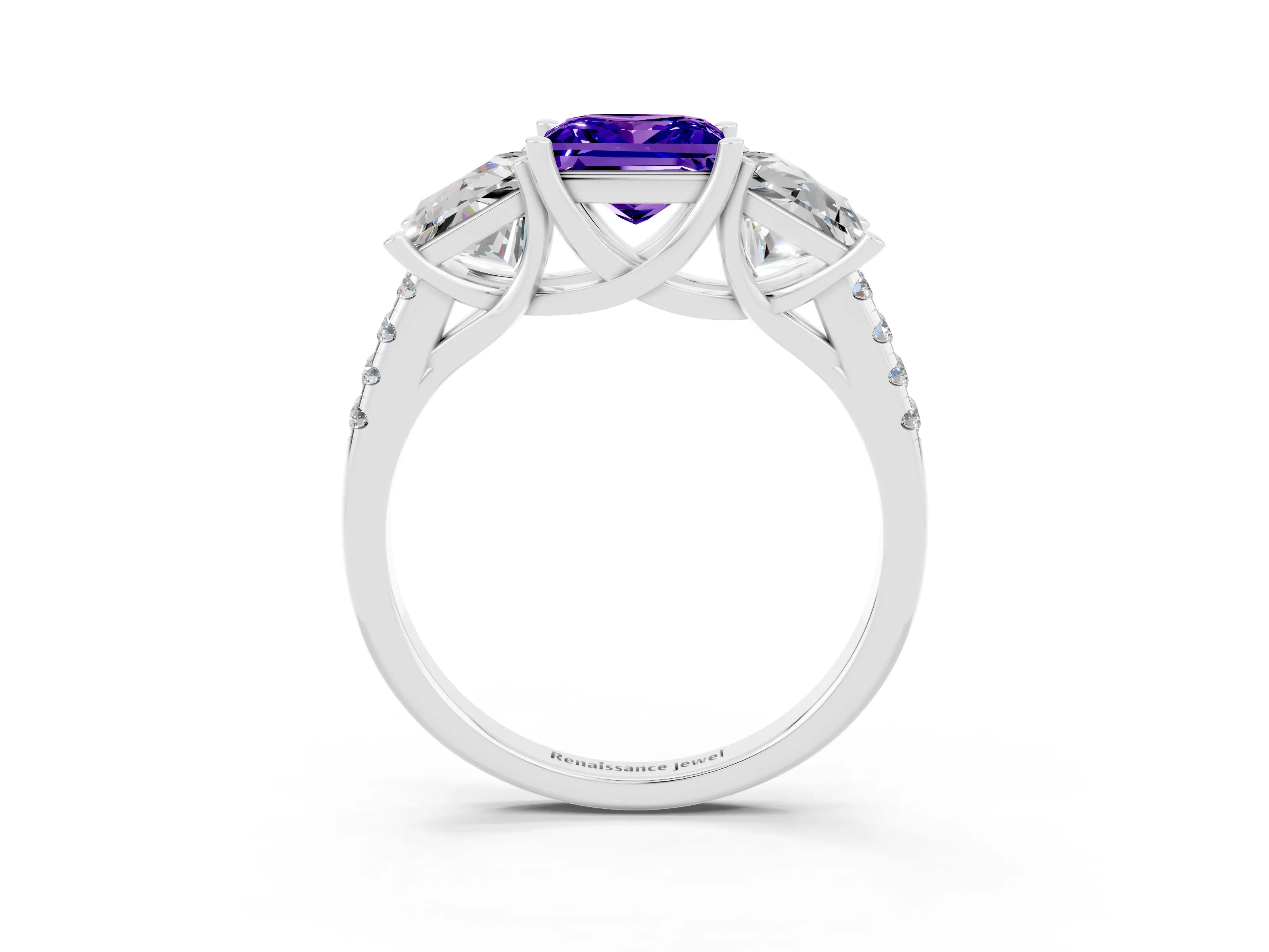 White gold Three-Stone Princess Cut Tanzanite Ring with Round  Pavé Band and Prong Setting_27