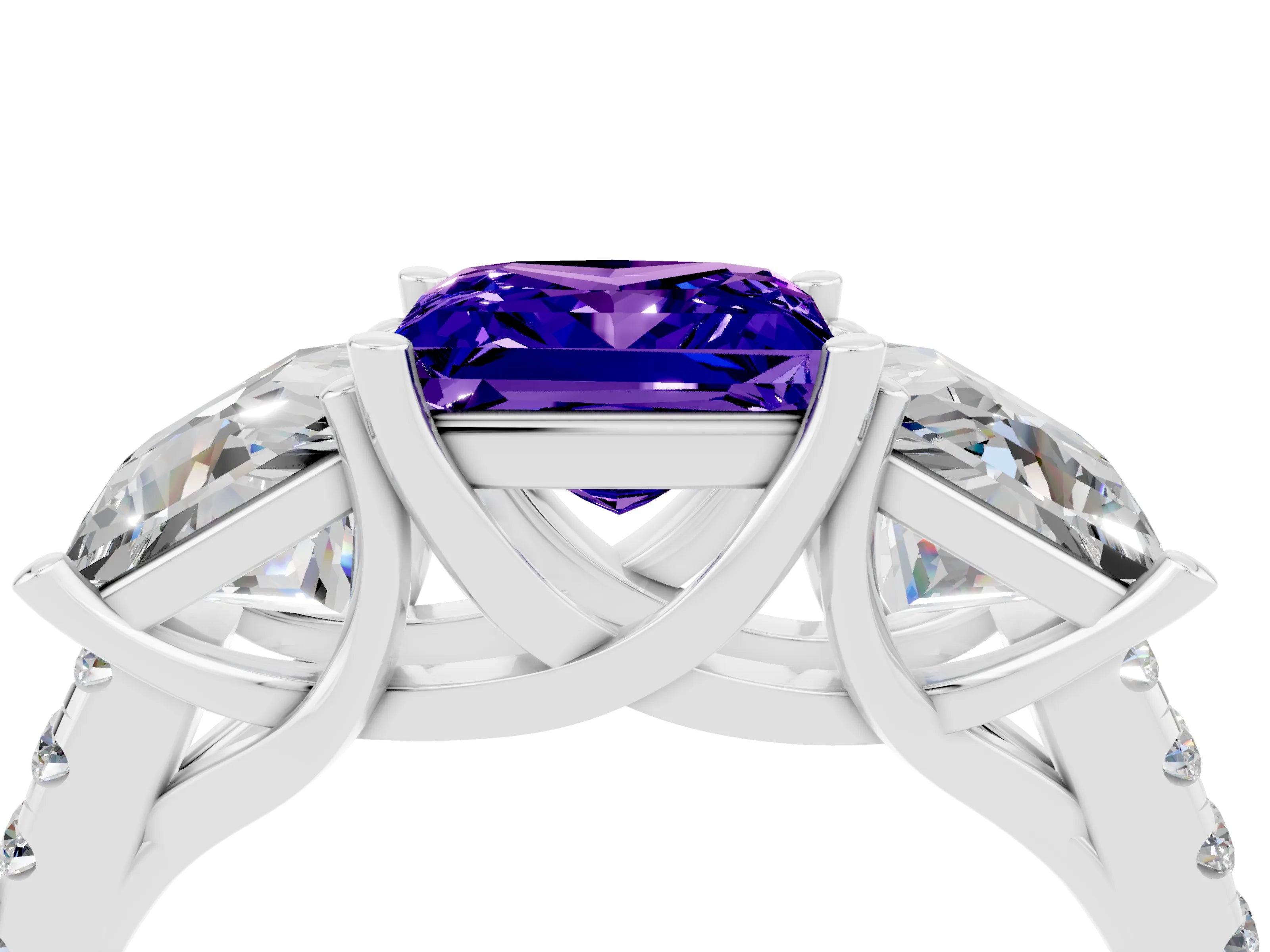 White gold Three-Stone Princess Cut Tanzanite Ring with Round  Pavé Band and Prong Setting_28