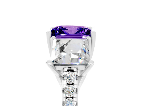 White gold Three-Stone Princess Cut Tanzanite Ring with Round  Pavé Band and Prong Setting_29