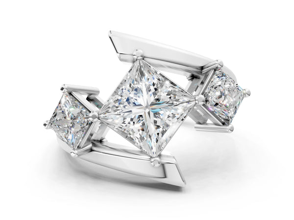 White gold Three-Stone Princess Cut Tension Band Ring with Four-Prong Setting