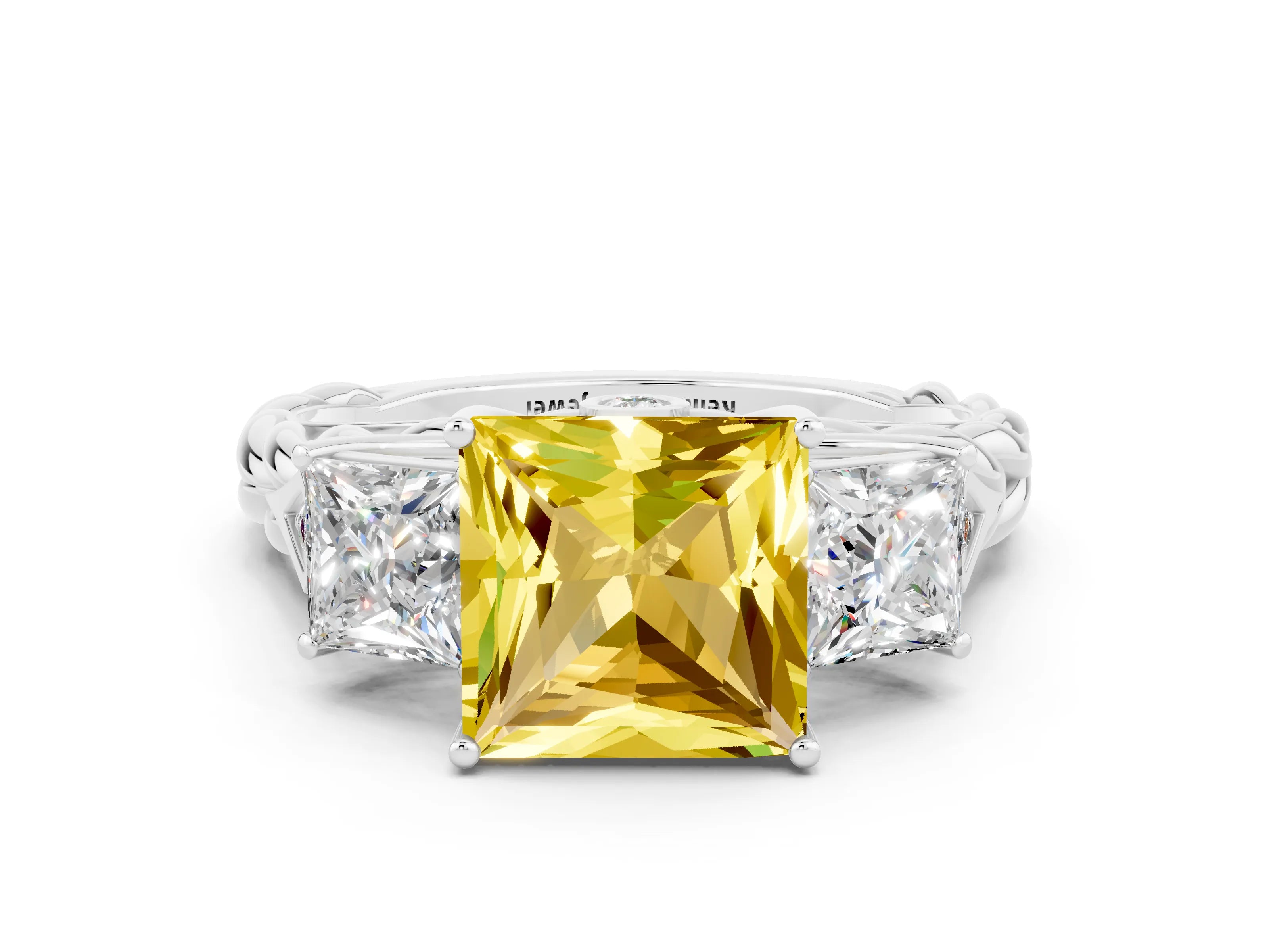 White gold Three-Stone Princess Cut Yellow Sapphire Braided Band Ring with Four-Prong Setting_36