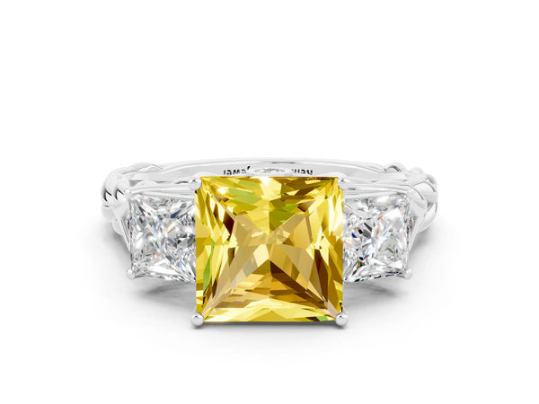 Silver Three-Stone Princess Cut Yellow Sapphire Braided Band Ring with Four-Prong Setting