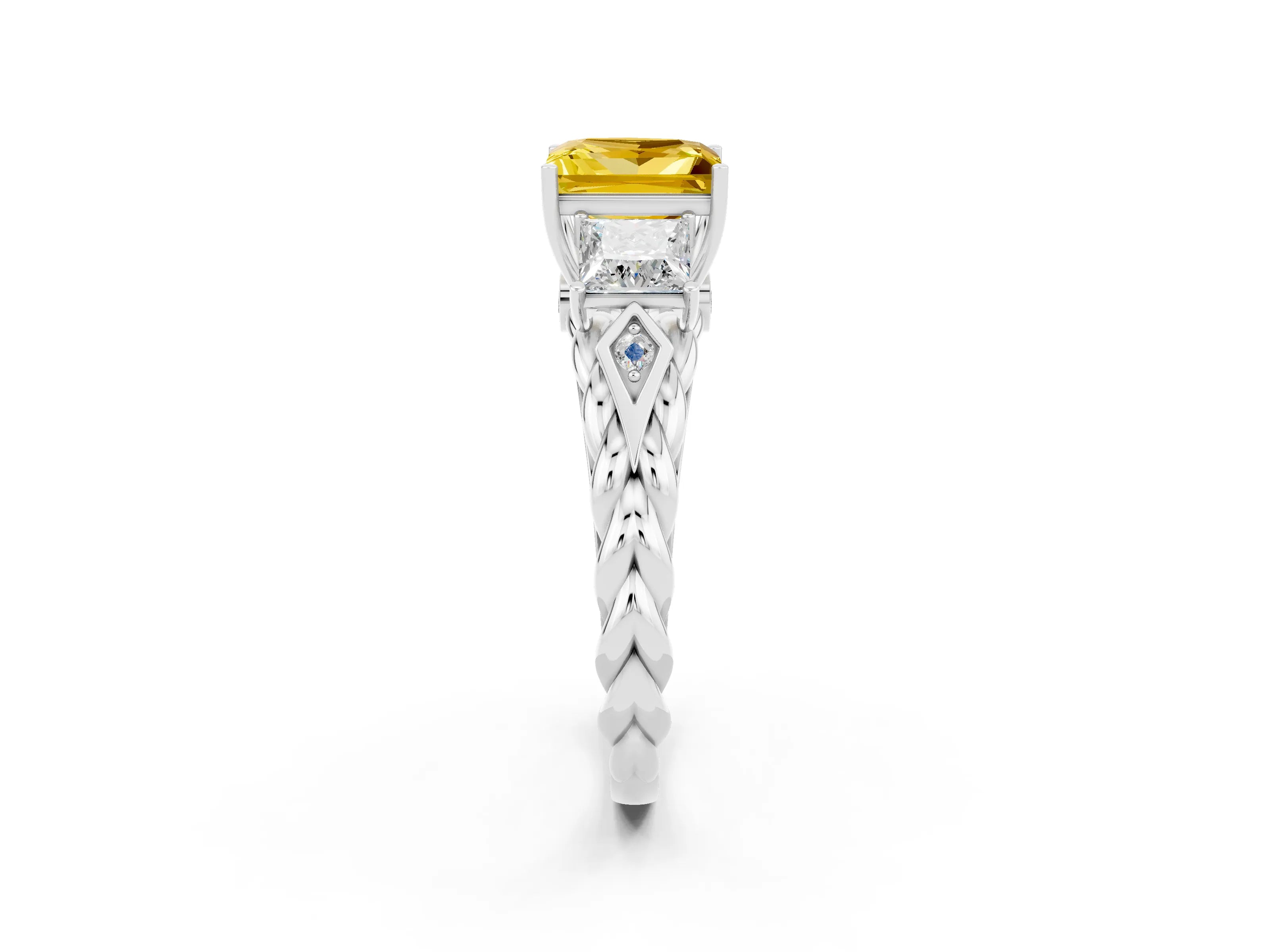 White gold Three-Stone Princess Cut Yellow Sapphire Braided Band Ring with Four-Prong Setting_38