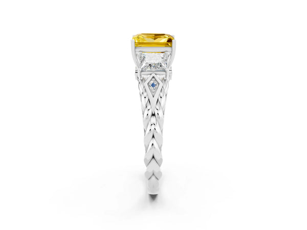 White gold Three-Stone Princess Cut Yellow Sapphire Braided Band Ring with Four-Prong Setting