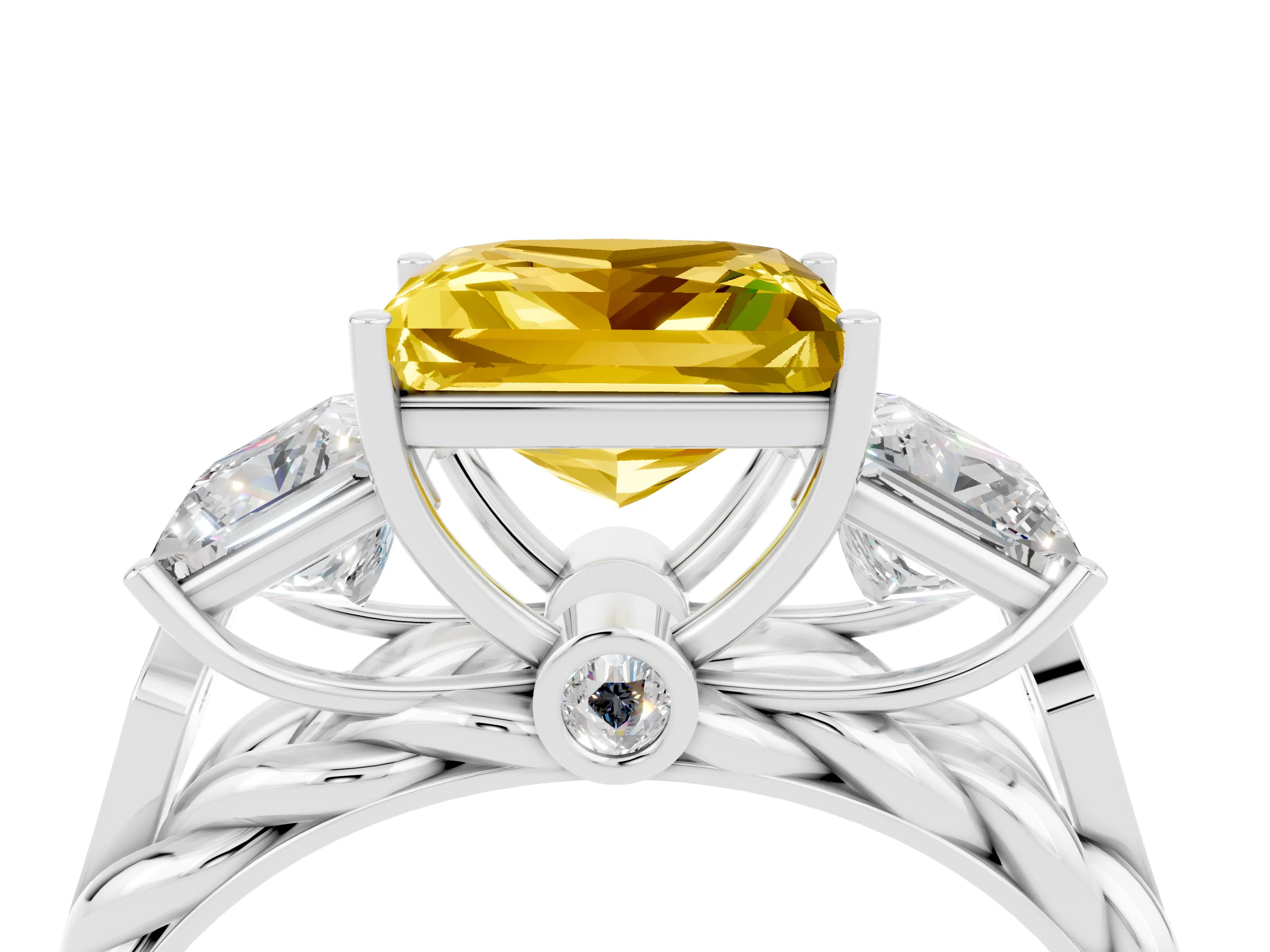 White gold Three-Stone Princess Cut Yellow Sapphire Braided Band Ring with Four-Prong Setting_40