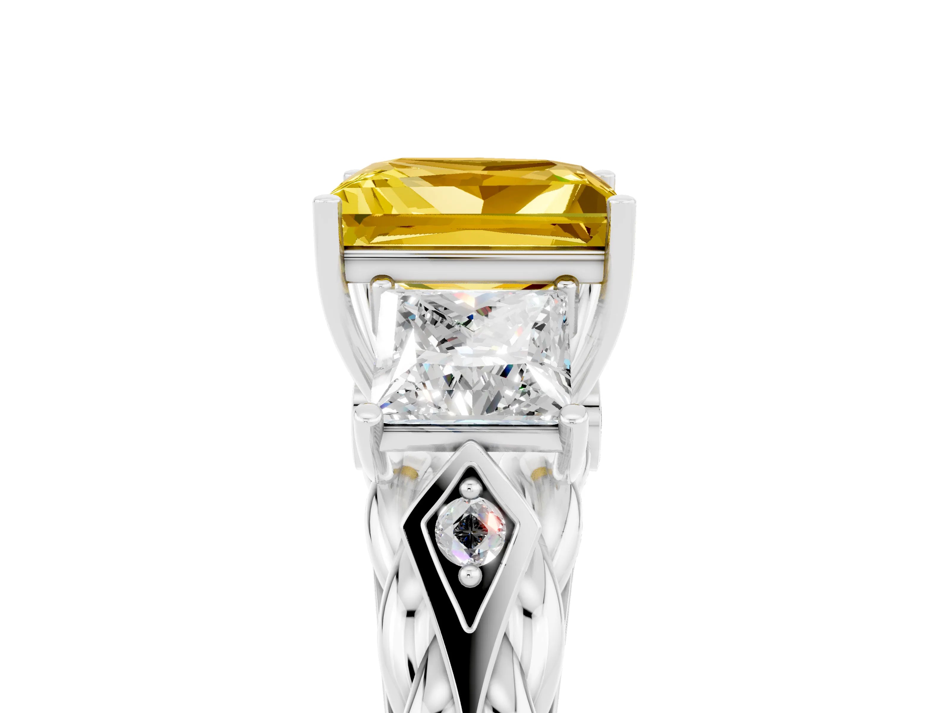 White gold Three-Stone Princess Cut Yellow Sapphire Braided Band Ring with Four-Prong Setting_41
