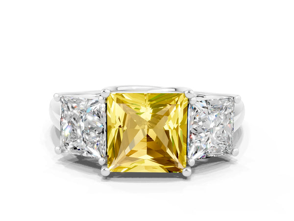 Platinum Three-Stone Princess Cut Yellow Sapphire Engagement Ring with Prong Setting