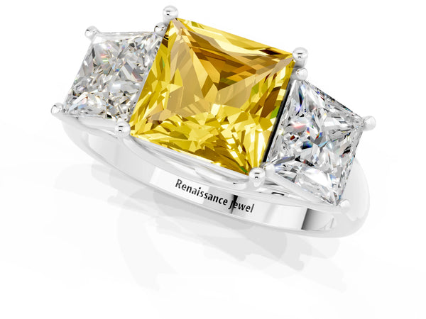 Platinum Three-Stone Princess Cut Yellow Sapphire Engagement Ring with Prong Setting