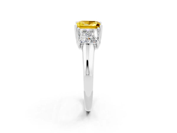Platinum Three-Stone Princess Cut Yellow Sapphire Engagement Ring with Prong Setting