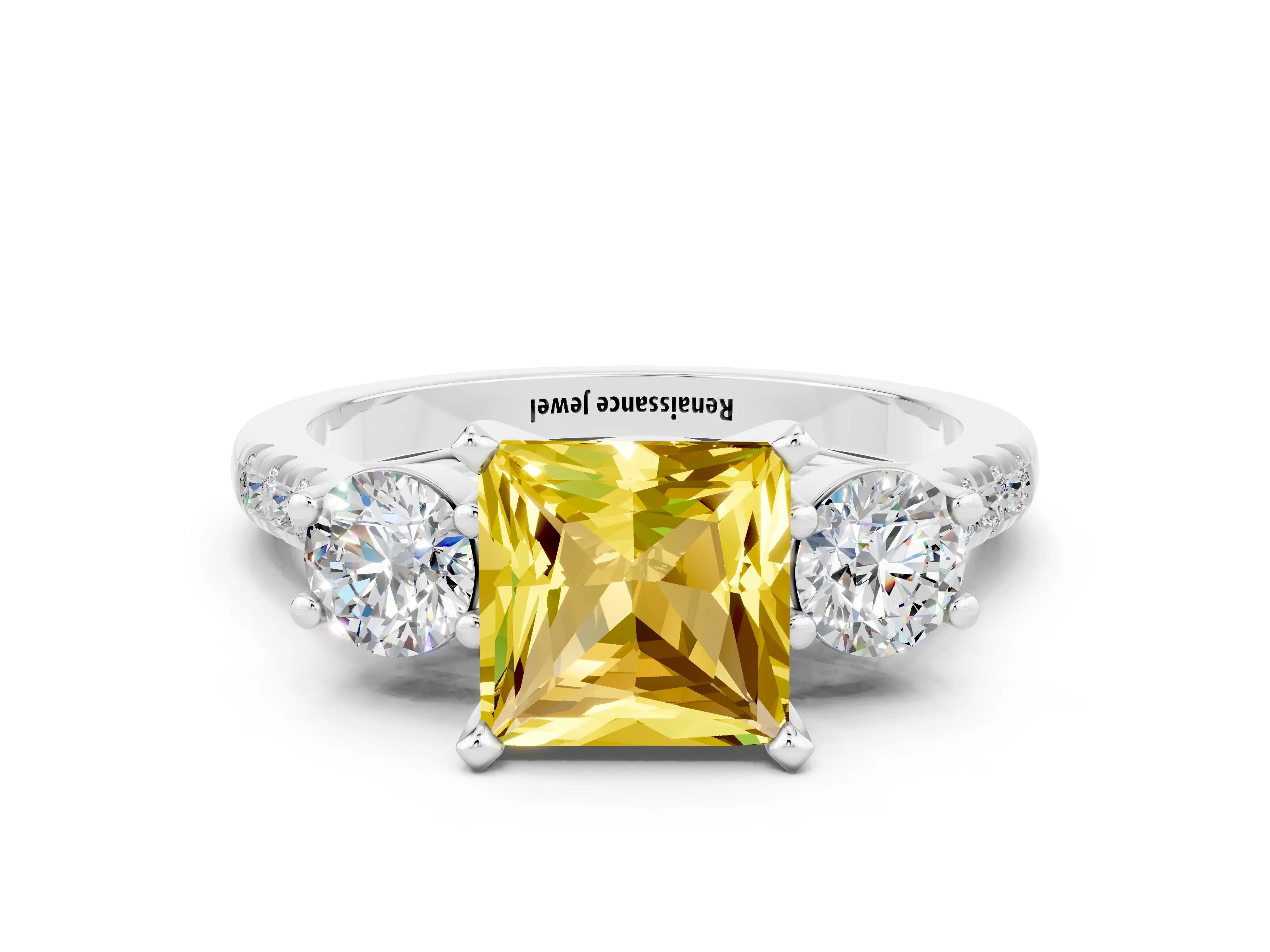 White gold Three-Stone Princess Cut Yellow Sapphire Pavé Band with Four-Prong Setting_24
