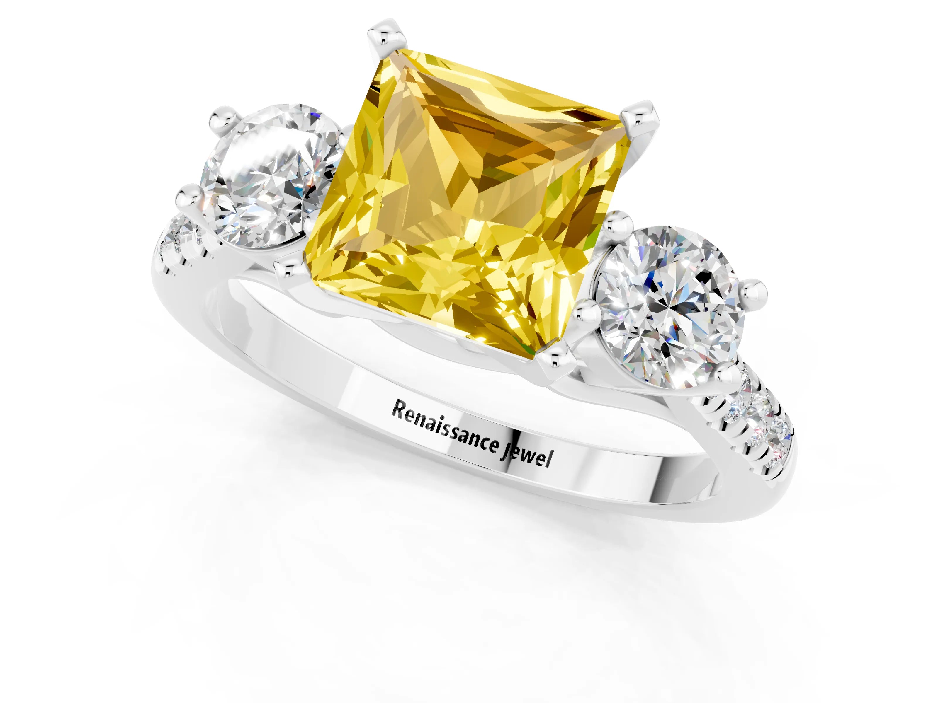 White gold Three-Stone Princess Cut Yellow Sapphire Pavé Band with Four-Prong Setting_25