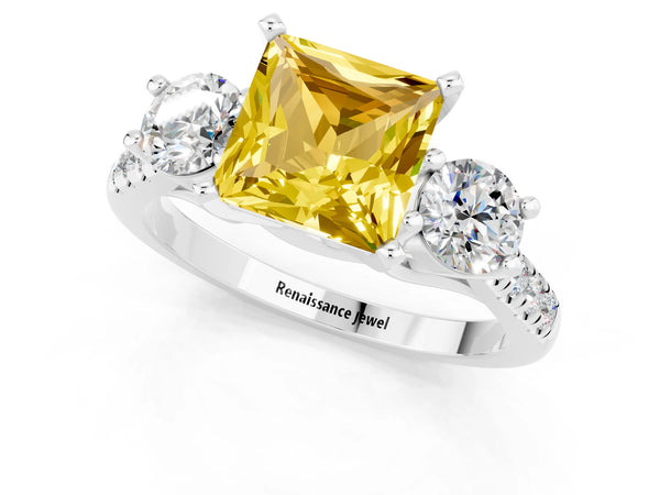 Silver Three-Stone Princess Cut Yellow Sapphire Pavé Band with Four-Prong Setting