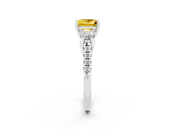 Silver Three-Stone Princess Cut Yellow Sapphire Pavé Band with Four-Prong Setting