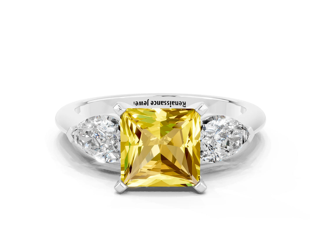 White gold Three-Stone Princess Cut Yellow Sapphire Ring with Pear Side Stones and Four-Prong Setting_24