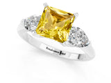 White gold Three-Stone Princess Cut Yellow Sapphire Ring with Pear Side Stones and Four-Prong Setting_25