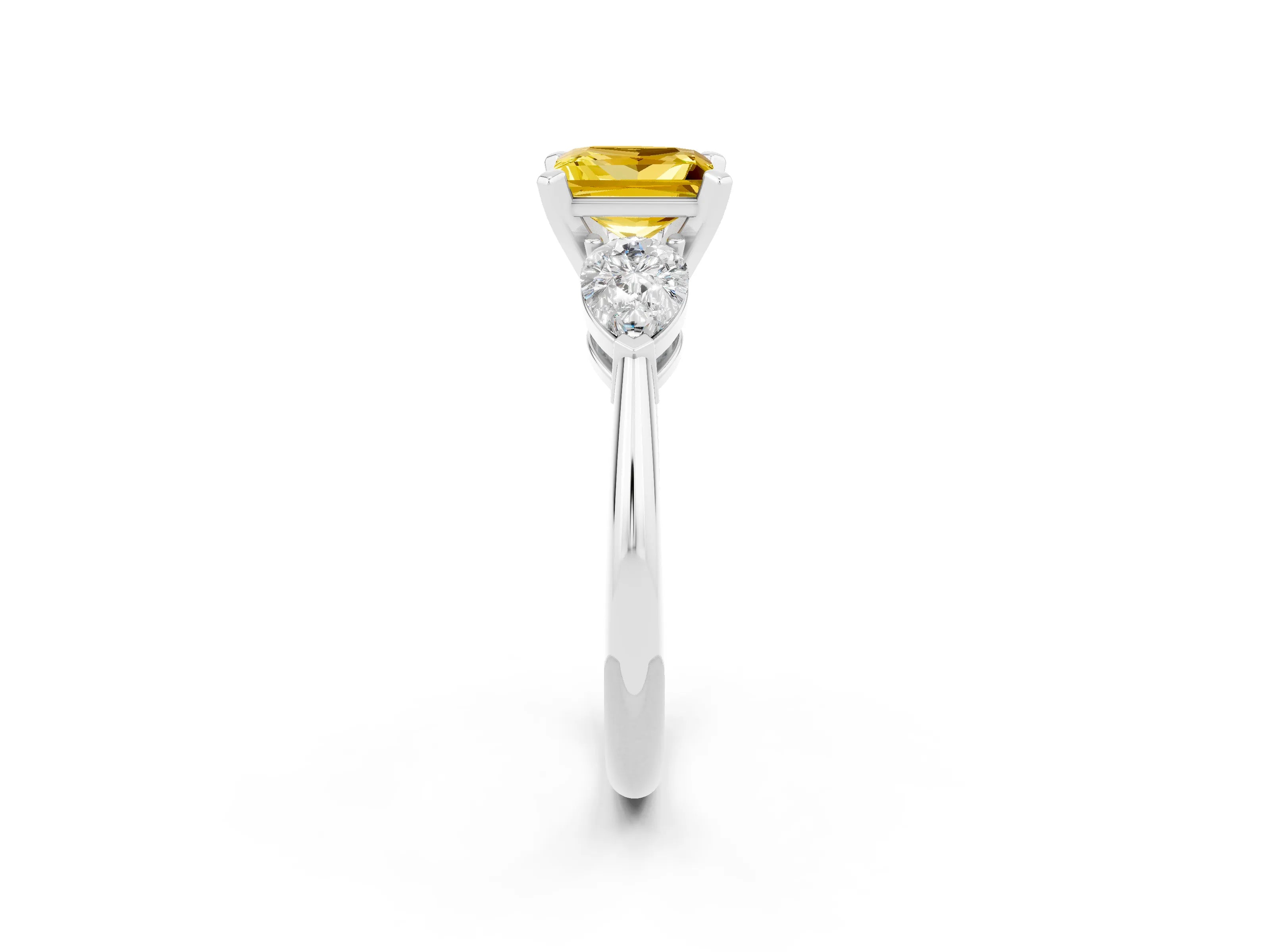 White gold Three-Stone Princess Cut Yellow Sapphire Ring with Pear Side Stones and Four-Prong Setting_26