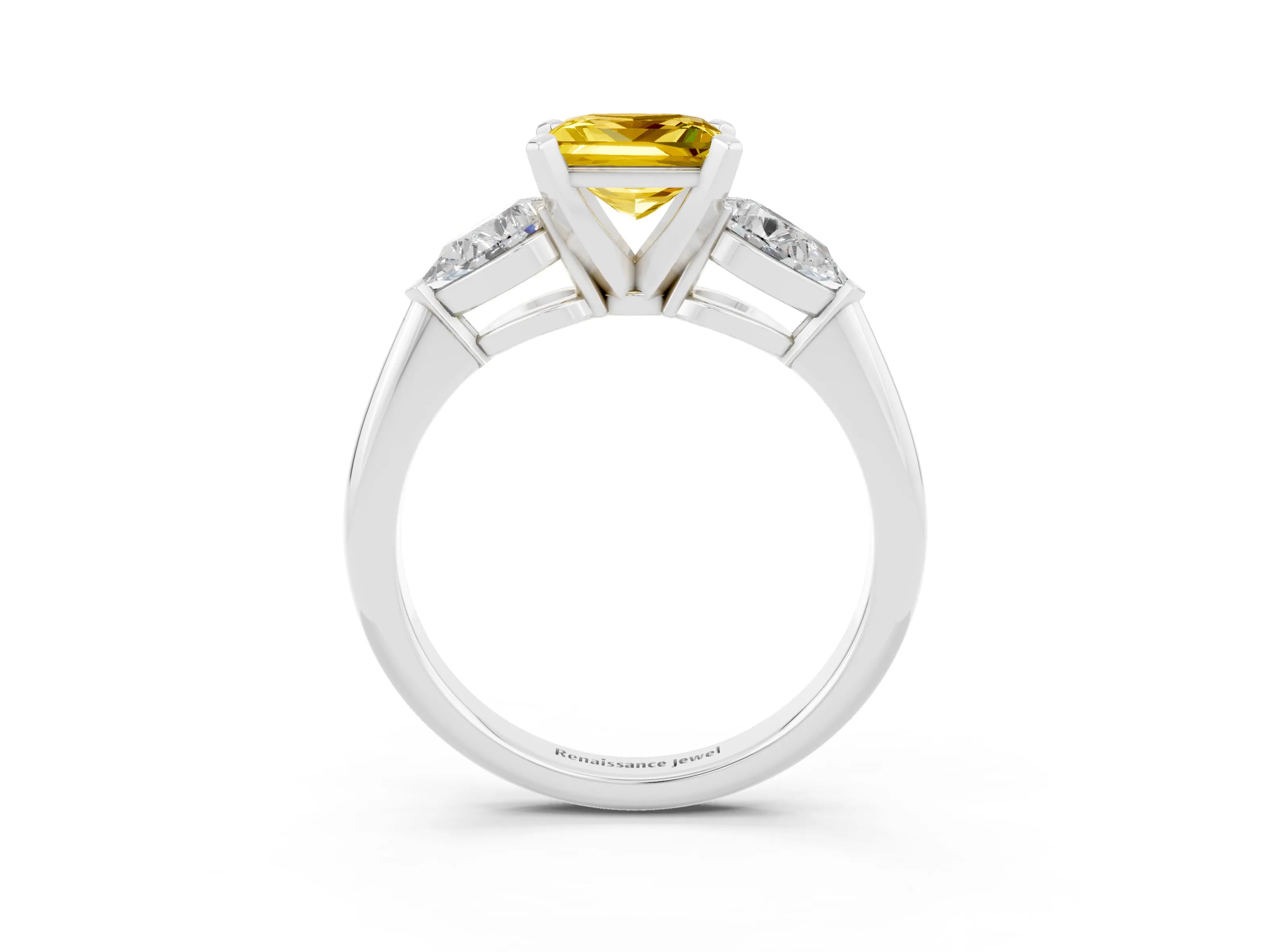 White gold Three-Stone Princess Cut Yellow Sapphire Ring with Pear Side Stones and Four-Prong Setting_27