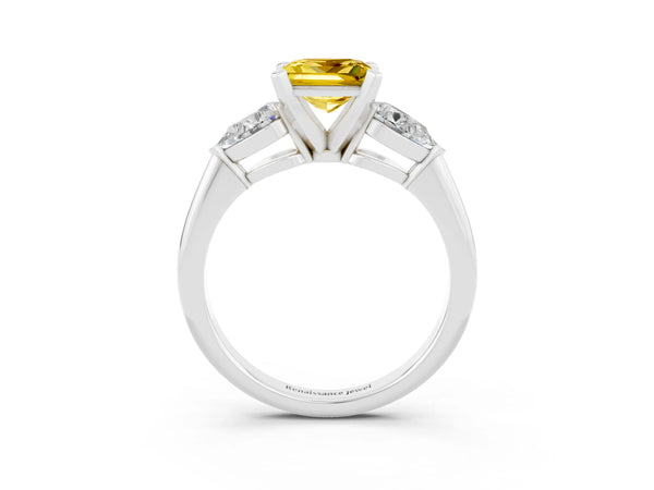 White gold Three-Stone Princess Cut Yellow Sapphire Ring with Pear Side Stones and Four-Prong Setting